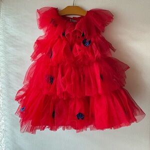 Red Ruffled Tulle Dress with Blue Accents